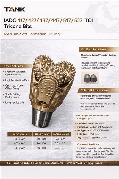 Canolig-Didiau Tricôn Ffurfiant Meddal|IADC 417 437 517 Roller Cone Drill Bits